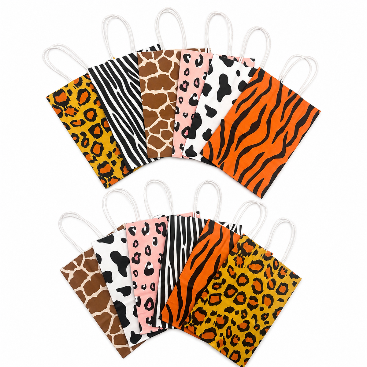 12  paper party favors with white handles, arranged in two rows of three. Each favor features a different animal print pattern: leopard, zebra, giraffe, cheetah, pink leopard, and tiger stripes.