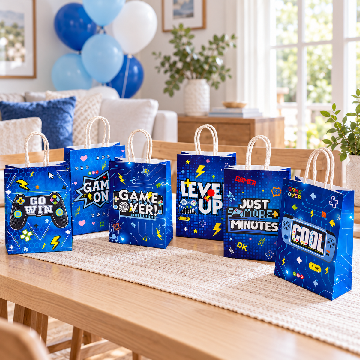 Video game party favor bags displayed for a blue gamer birthday party