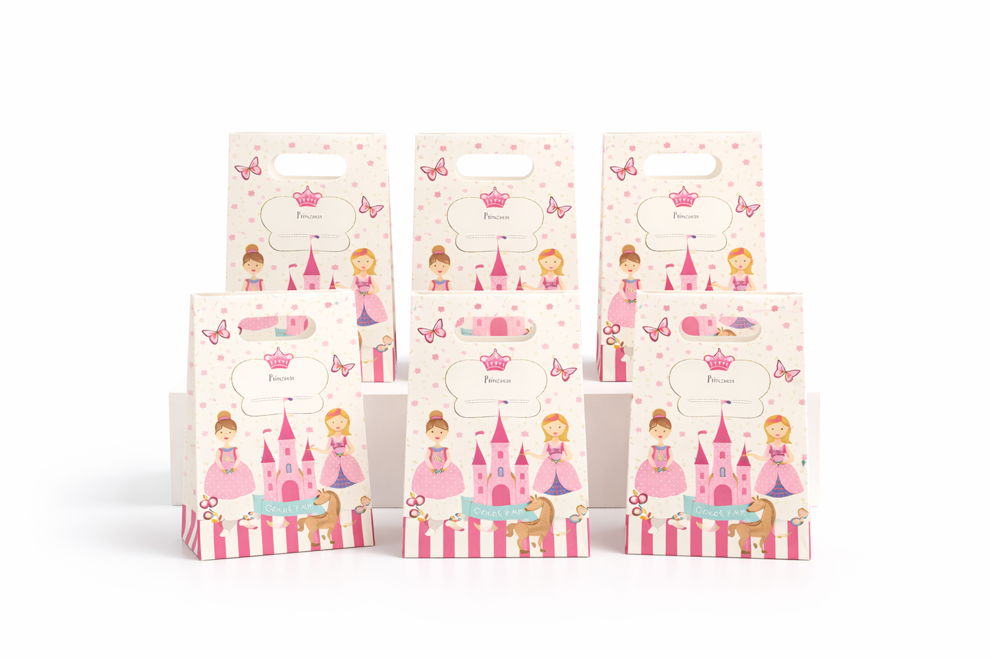 Set of pink and white gift bags with princess design on a white background