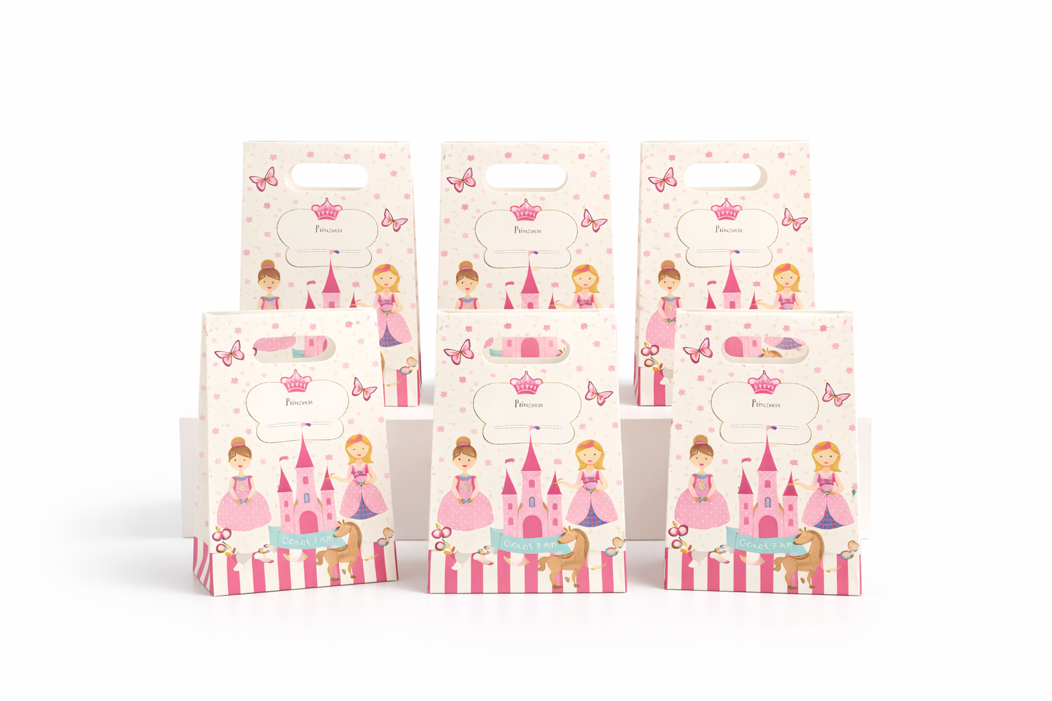 Set of pink and white gift bags with princess design on a white background