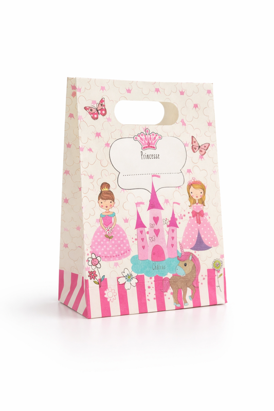 Gift bag with princess design featuring a castle, dresses, and a horse on a white background.