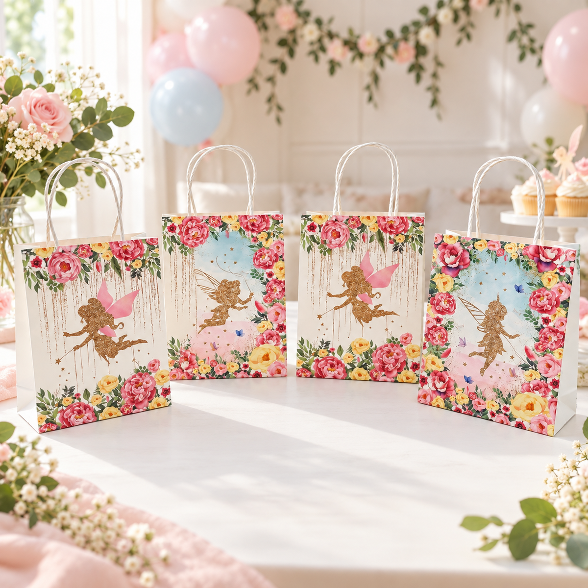 Four floral fairy party favor bags displayed on a decorated birthday party table with pink and blue balloons and flowers.