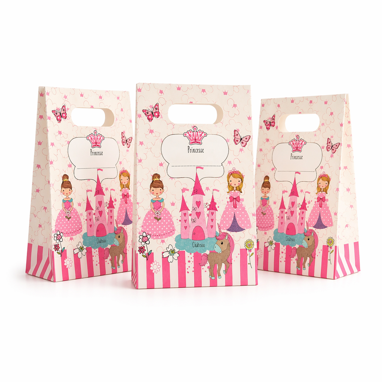 Three pink gift bags with princess and castle design on a white background