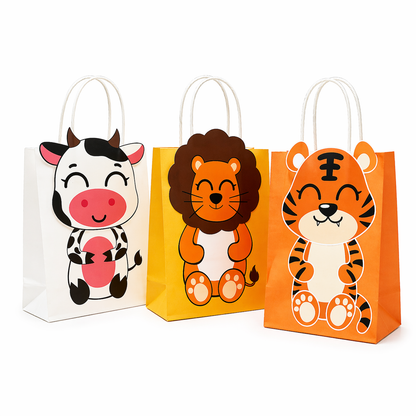 Three colorful gift bags with animal designs on a white background