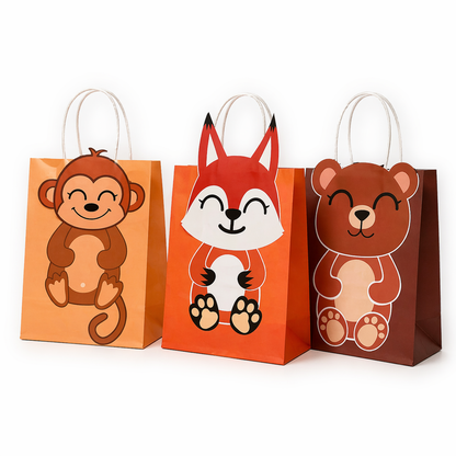 Three animal-themed gift bags with monkey, fox, and bear designs on a white background.