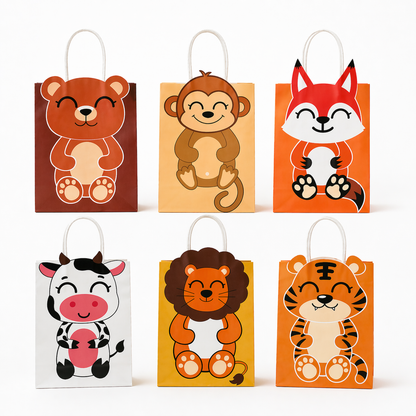 Set of six animal-themed paper bags with handles on a white background