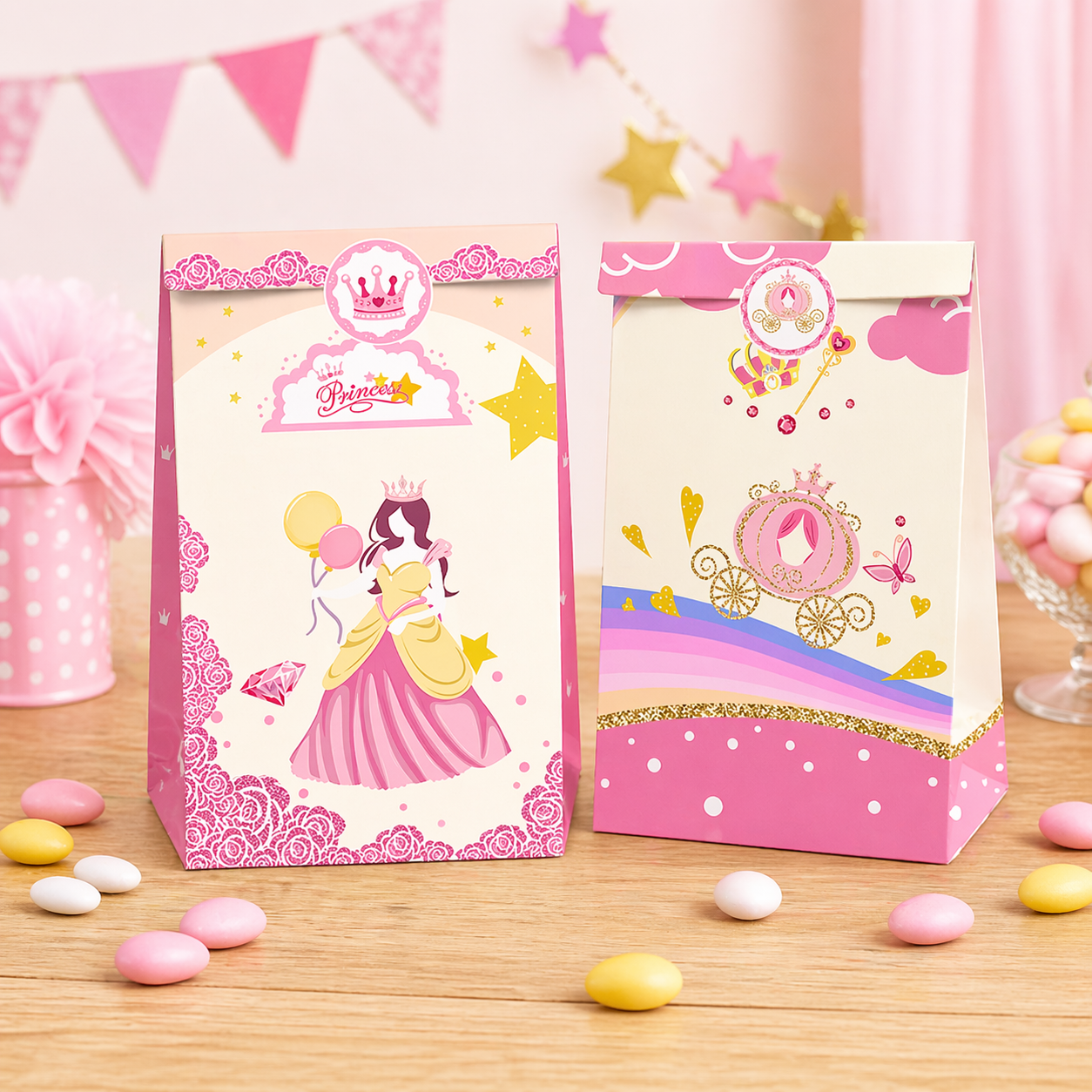 Two pink princess-themed gift bags on a wooden surface with colorful candies.