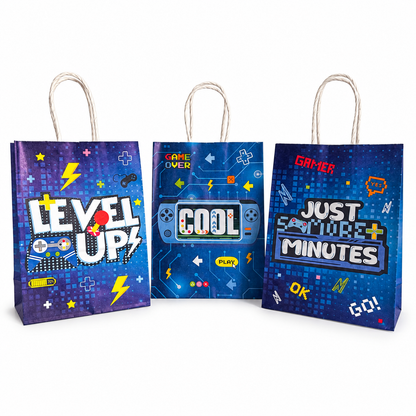 Three blue video game party favor bags with Level Up, Cool and gamer designs