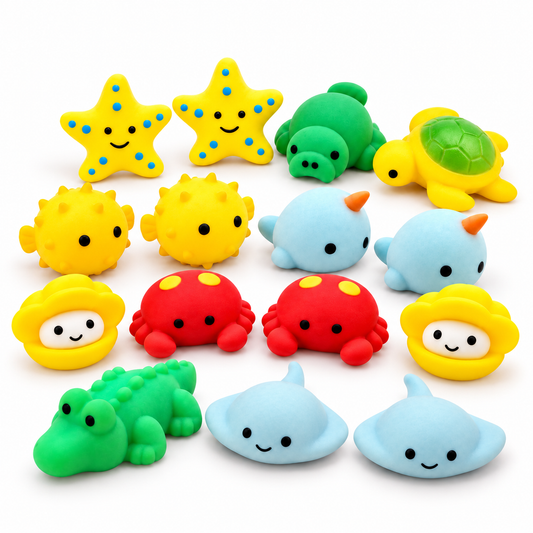 Set of 15 colorful mini sea creature squishy toys arranged together on a white background.