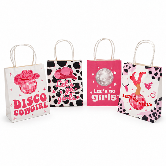 Assorted pink Disco Cowgirl party favor bags with cow print, cowboy hats and disco ball designs