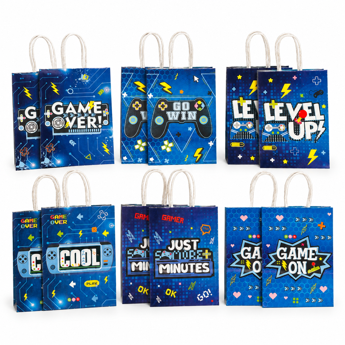 Assorted blue gaming party favor bags with twisted paper handles