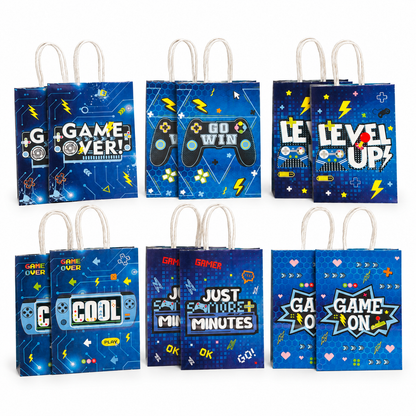 Assorted blue gaming party favor bags with twisted paper handles