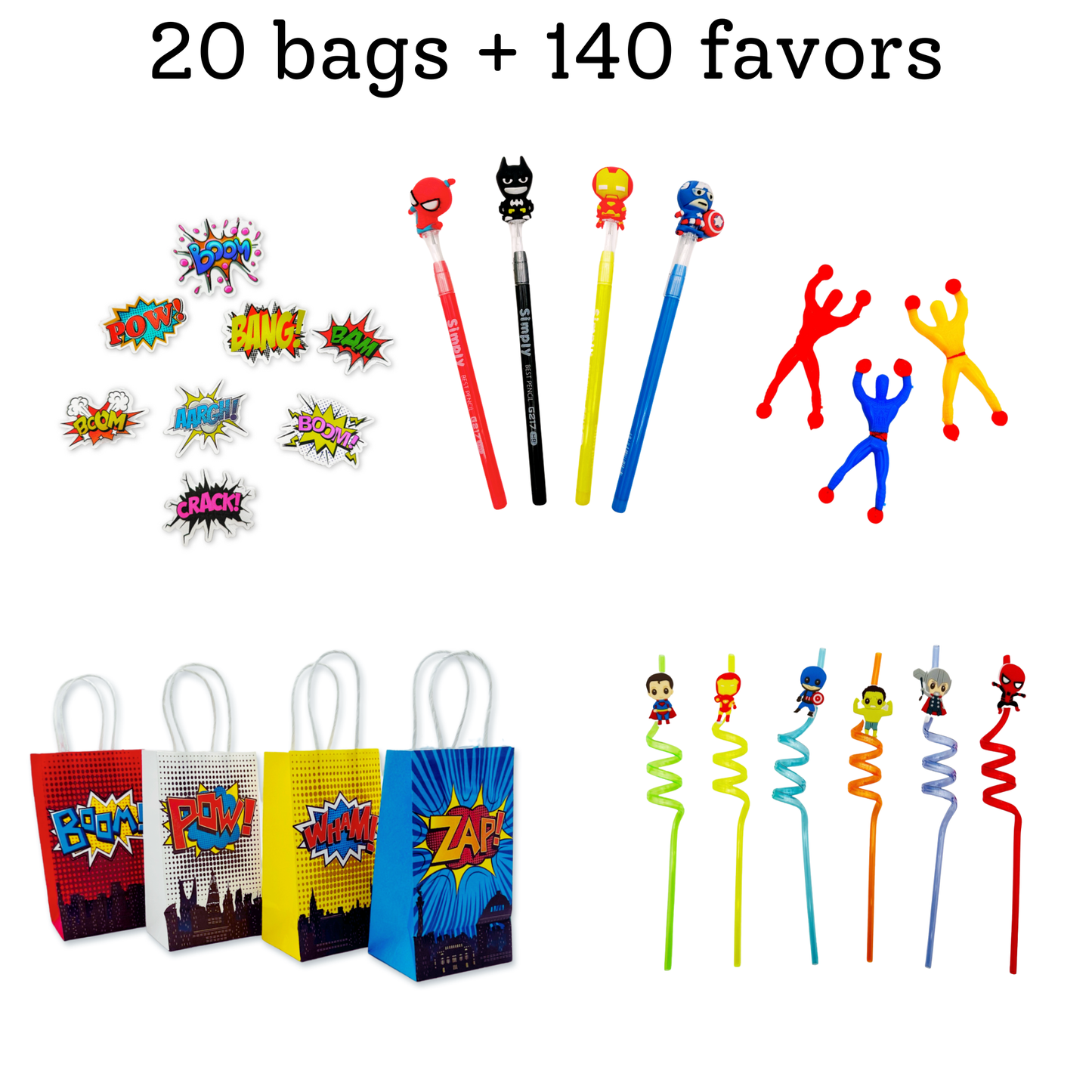 Superhero Party Favor Set — 20 Bags + 140 Favors