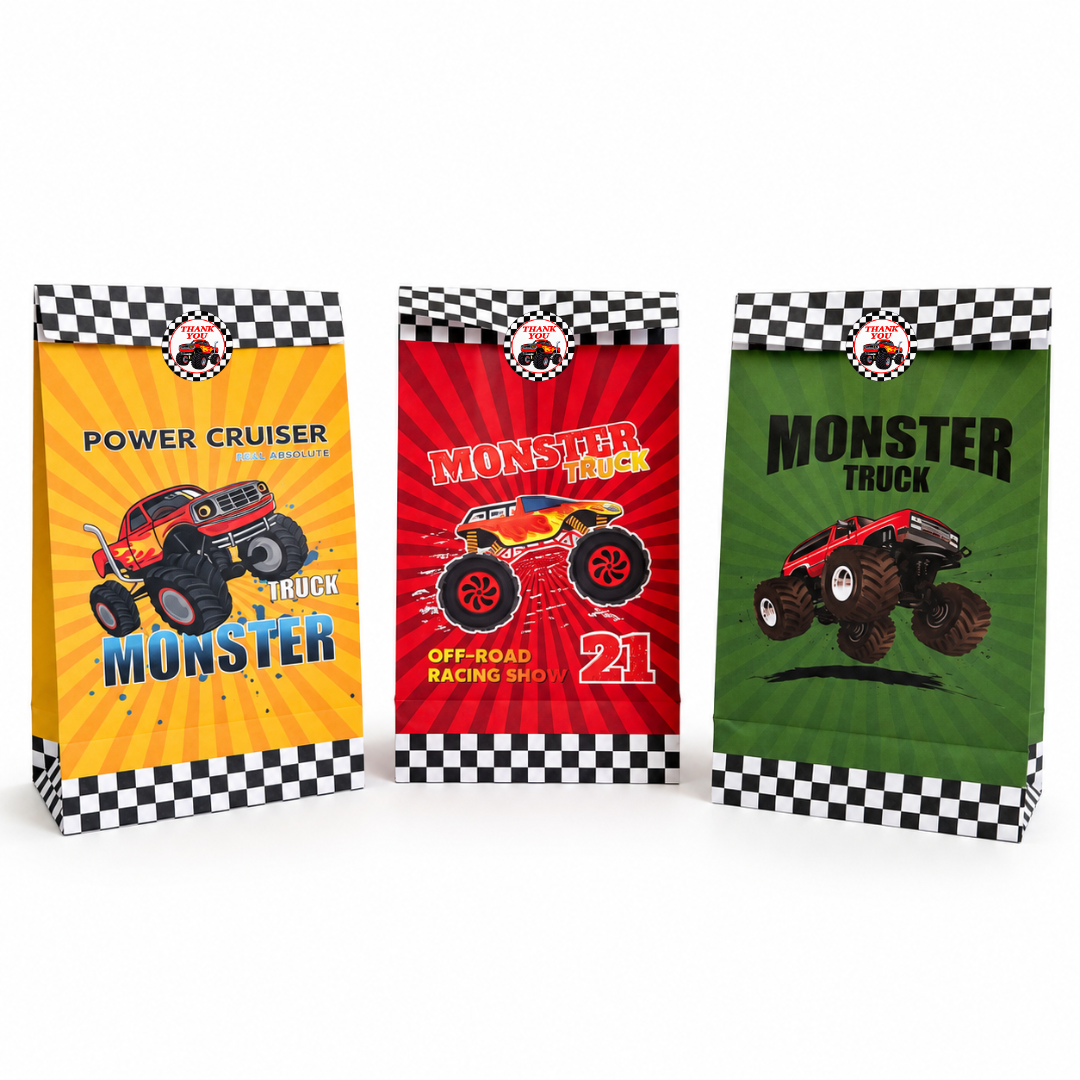 Monster truck paper party favor bag with checkered racing pattern and sticker flap closure