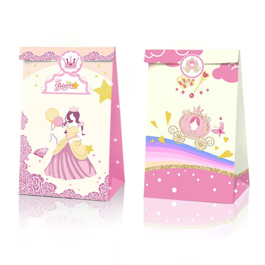 Two princess-themed gift bags on a white background