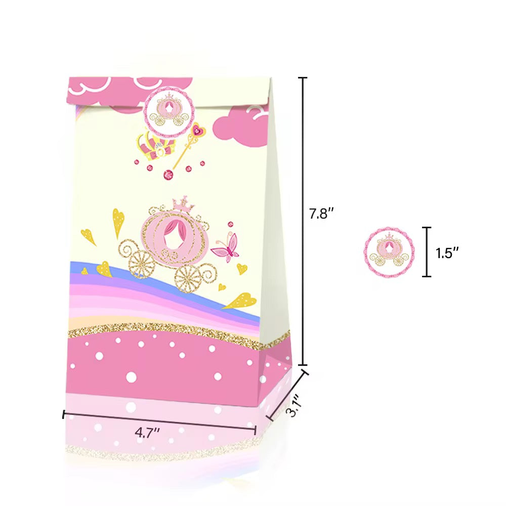 Princess-themed party favor bag with dimensions on a white background