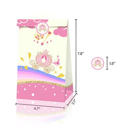 Princess-themed party favor bag with dimensions on a white background