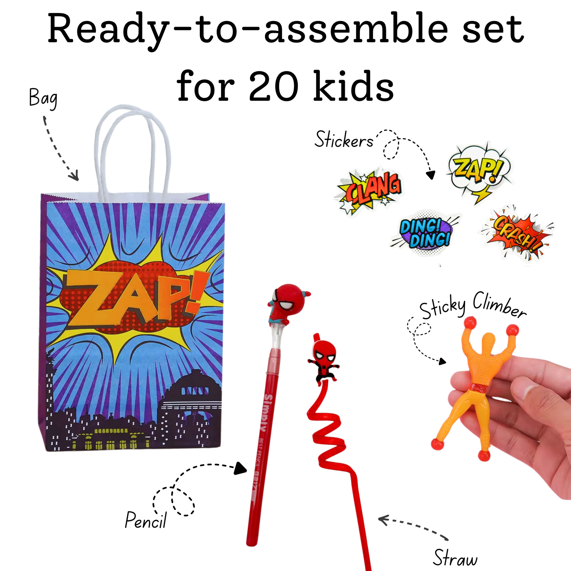 Superhero-themed party set with 'ZAP!' bag, figures, and accessories on a white background