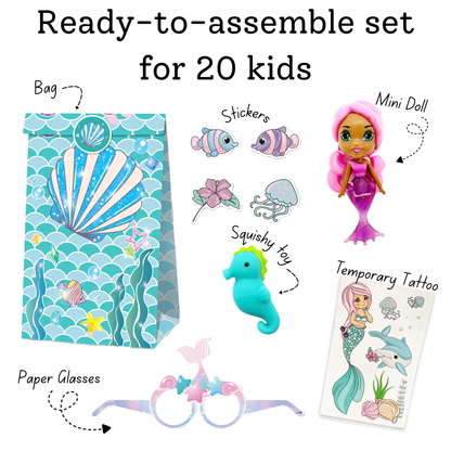 Mermaid-themed ready-to-assemble set with toys and accessories on a white background