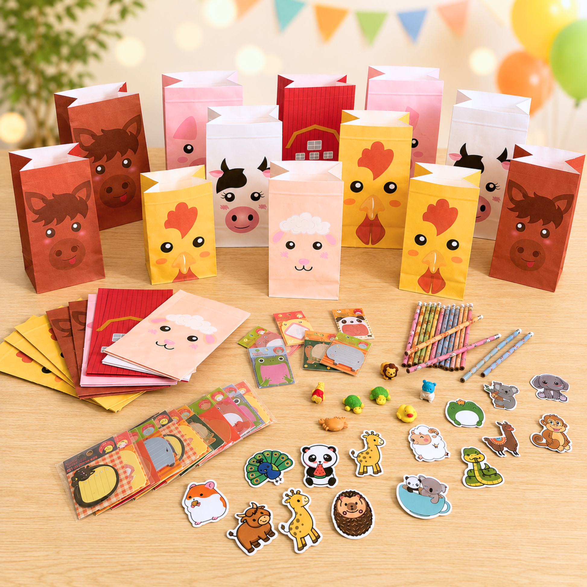 Children's party favor set with a yellow chick bag, stationery items, and small animal figures