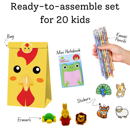 Children's party favor set with a yellow chick bag, stationery items, and small animal figures on a white background.