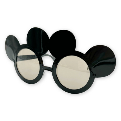A pair Mickey Mouse-themed sunglasses in black color with black lenses and cartoonish designs.