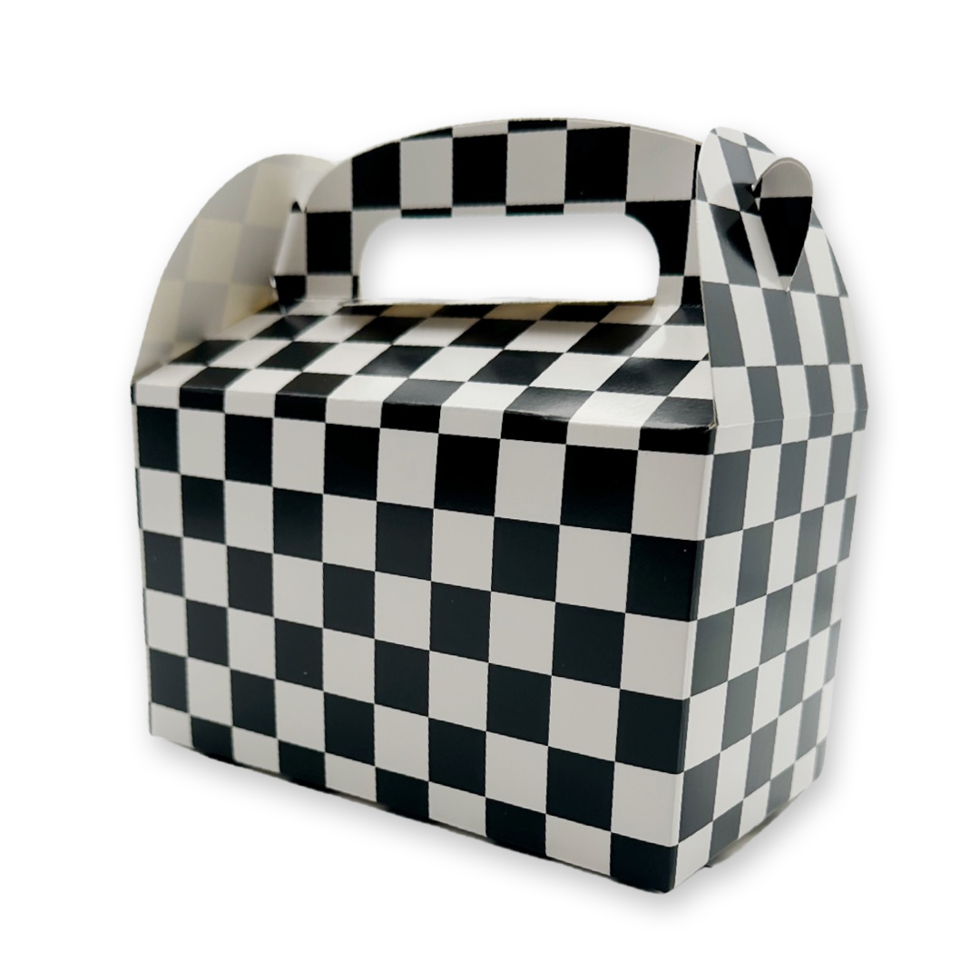 black and white checkered paper favor box with built-in handles on a white background.