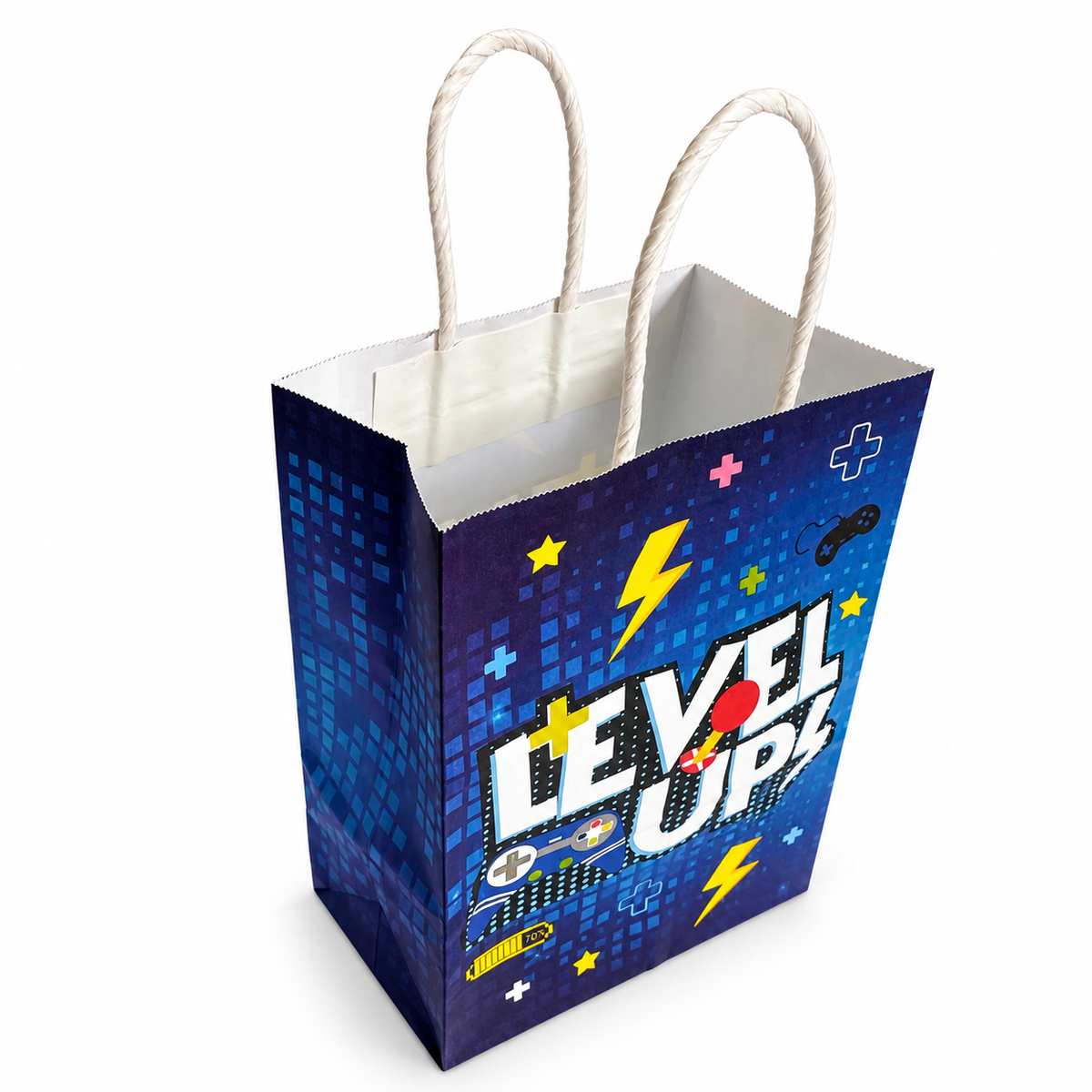 Blue Level Up video game party favor bag with twisted paper handles