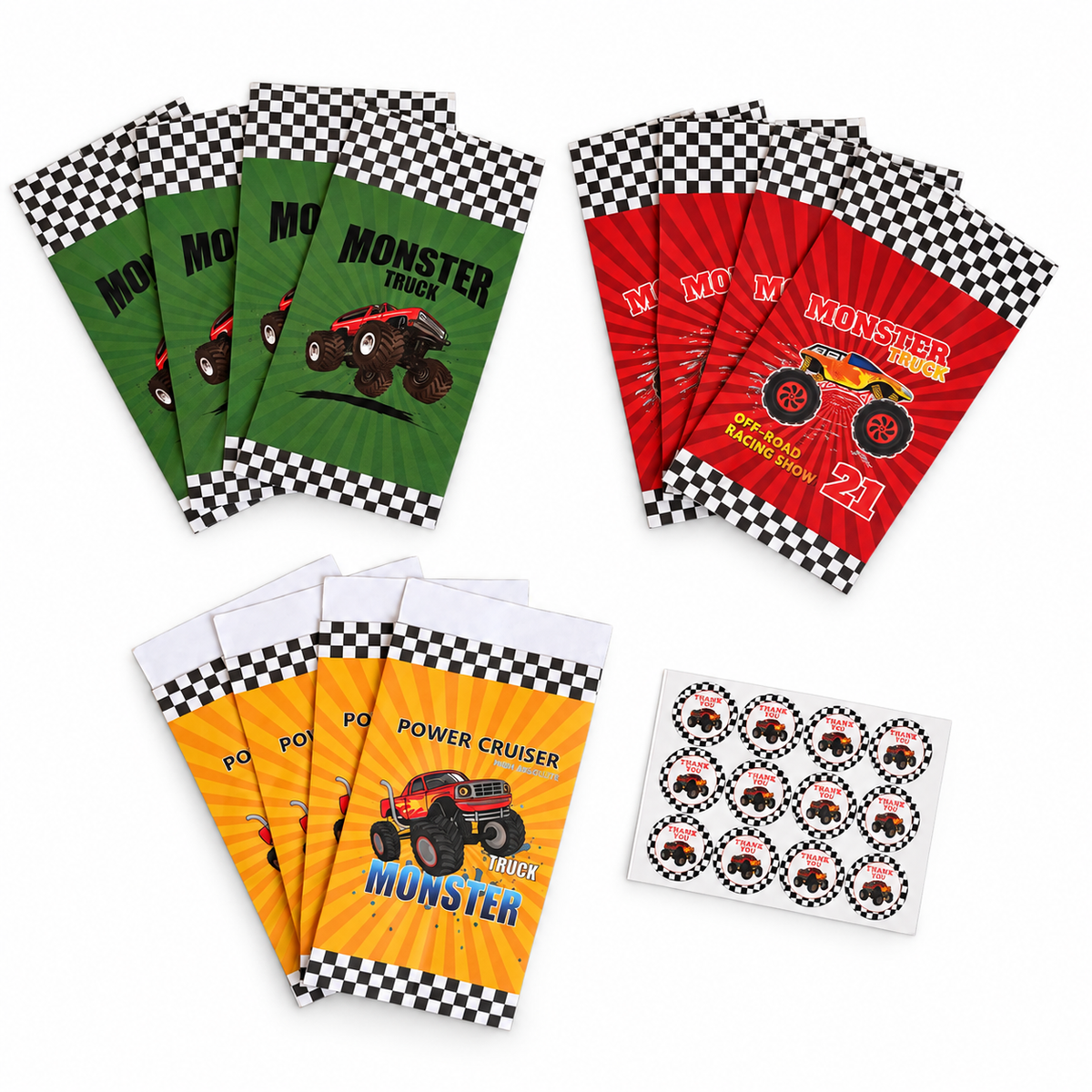 Assorted monster truck party favor bags featuring three colorful truck designs