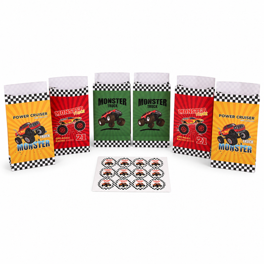 Three assorted monster truck party favor bags in yellow, red and green racing designs
