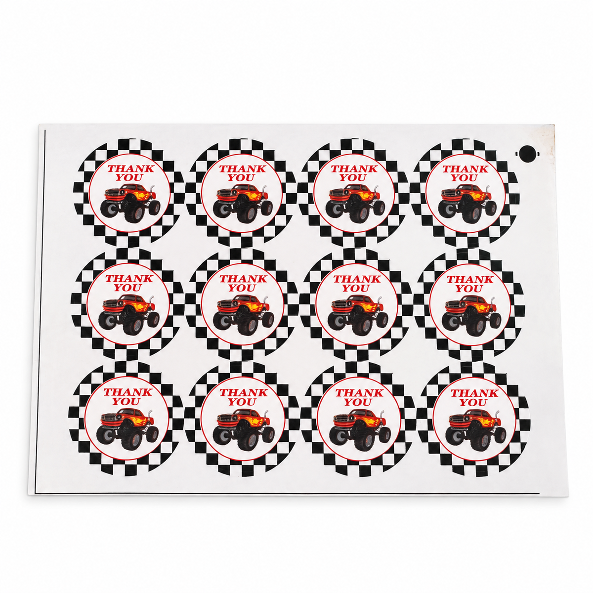 Sheet of 12 matching round monster truck thank you closure stickers, 1.5 inches in diameter