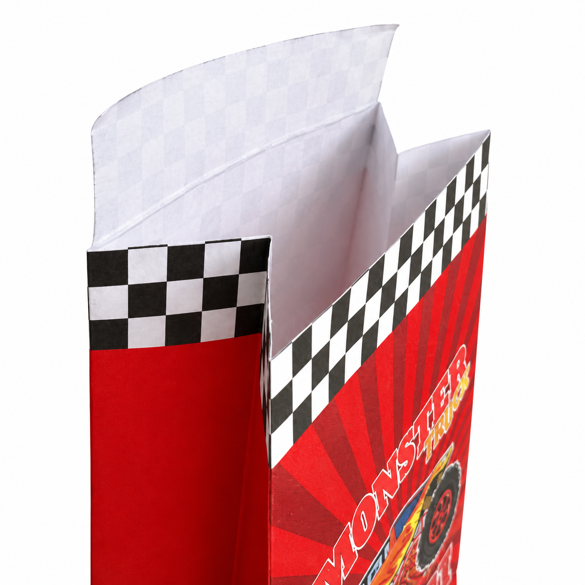 Open red monster truck paper goodie bag showing extended back flap for sticker closure