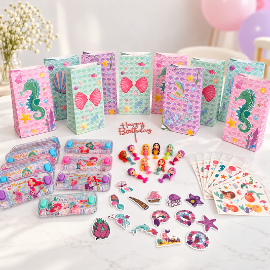 Mermaid party favor set for 10 kids with favor bags, water ring toss games, mini dolls, temporary tattoos and stickers