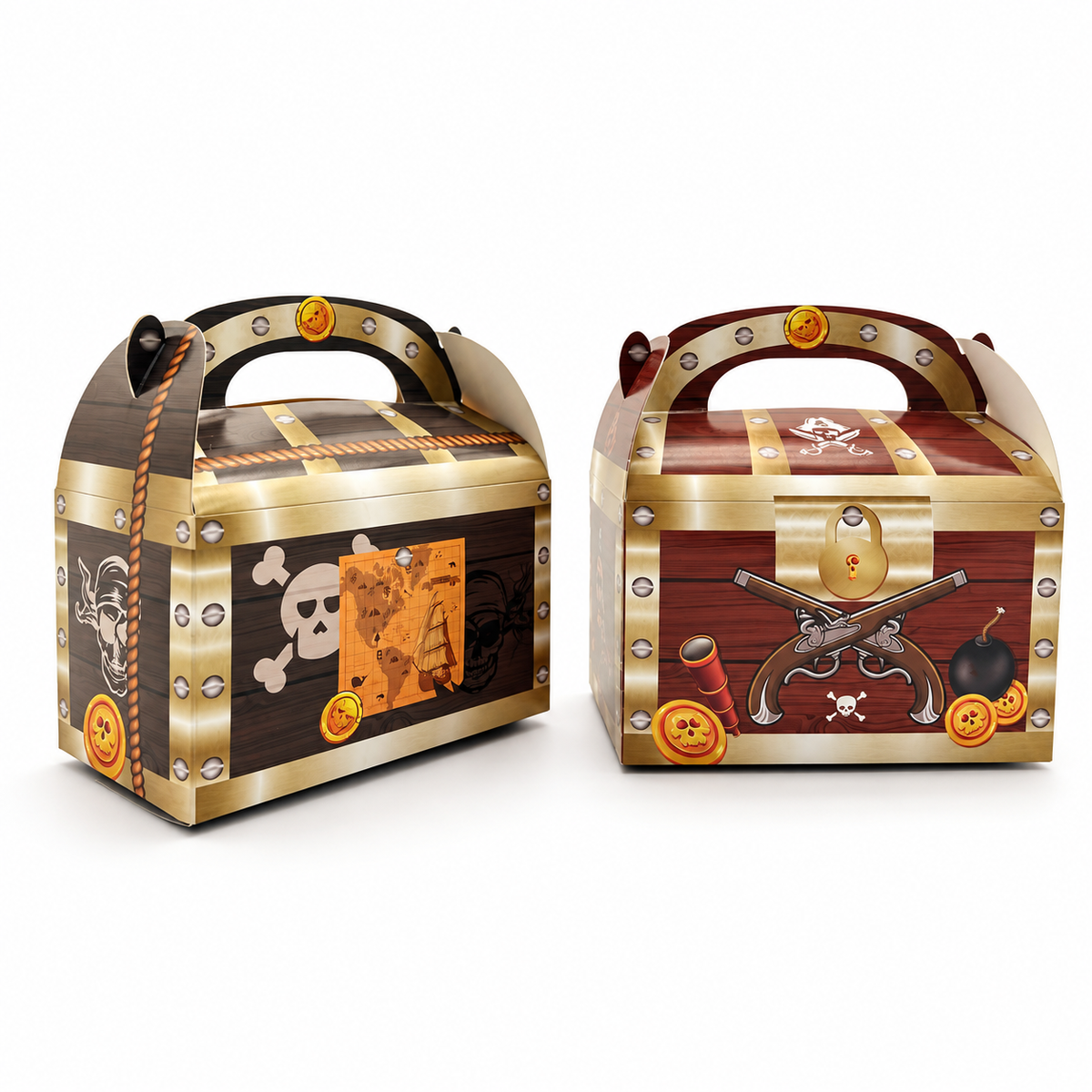 Two pirate treasure chest favor boxes showing different illustrated designs