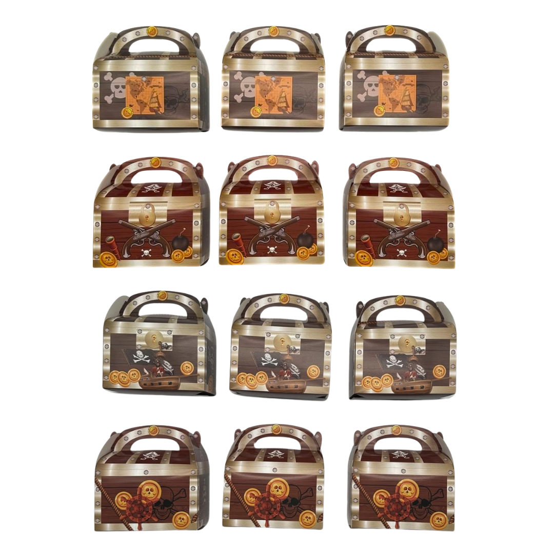 Pirate party favor boxes arranged to show the set quantity and assorted treasure chest designs