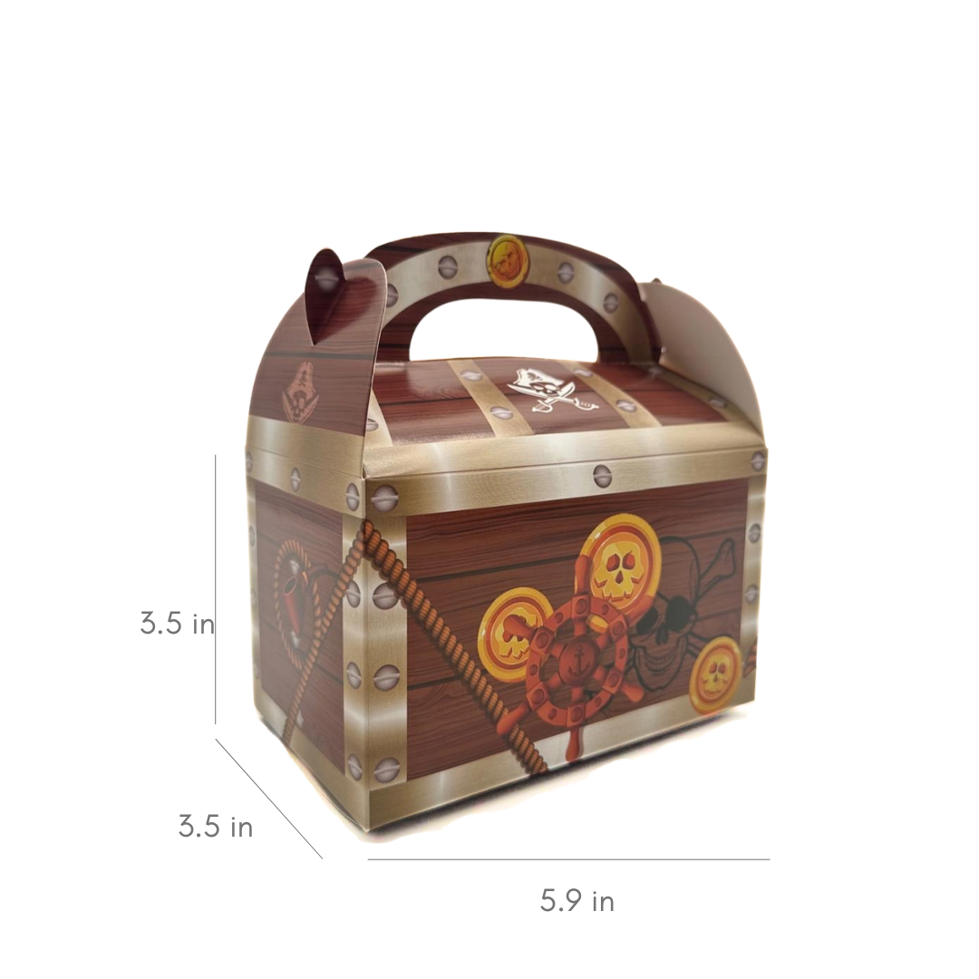 Pirate treasure chest party favor box shown at an angle with front and side details visible