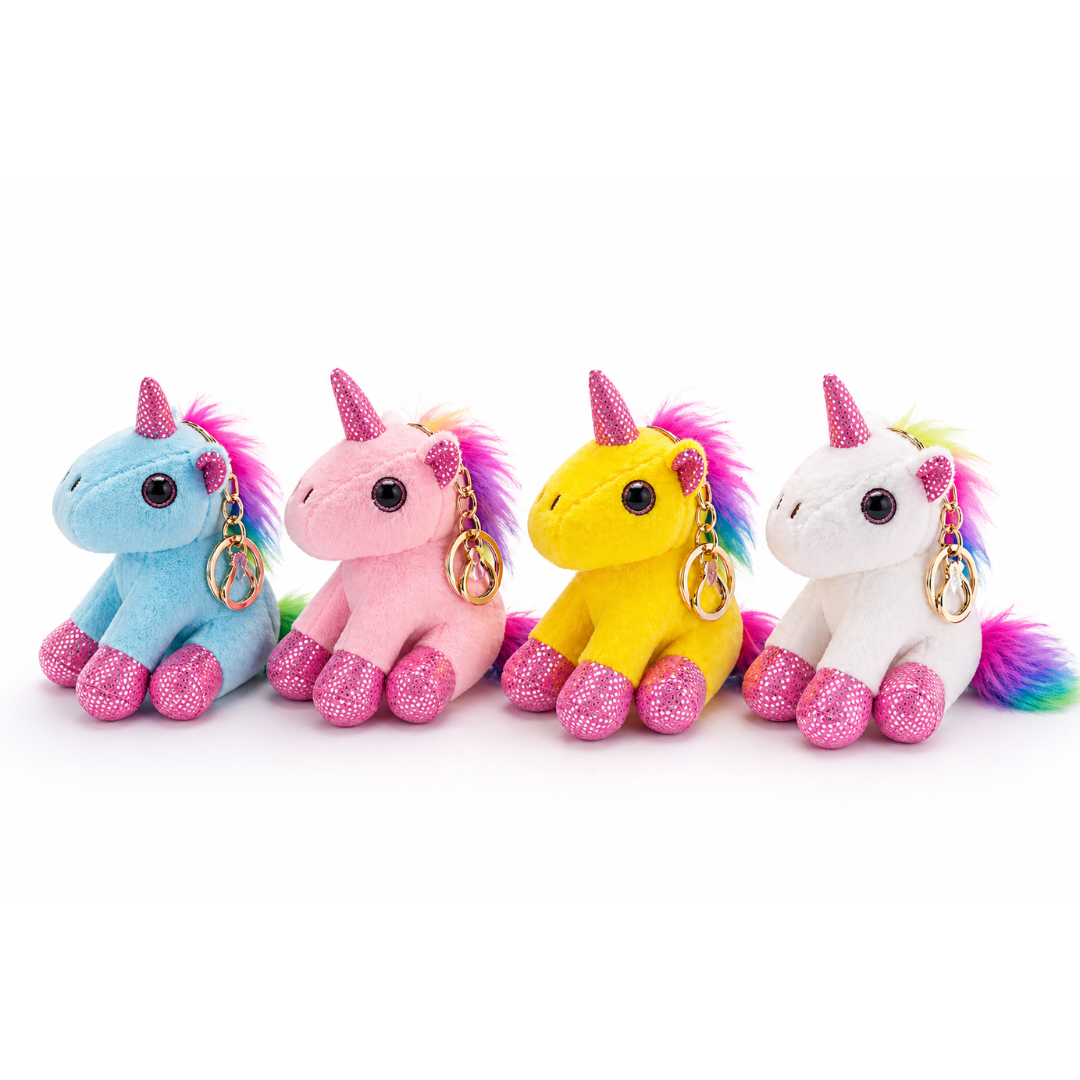 Four colorful unicorn plush toys with rainbow tails on a white background
