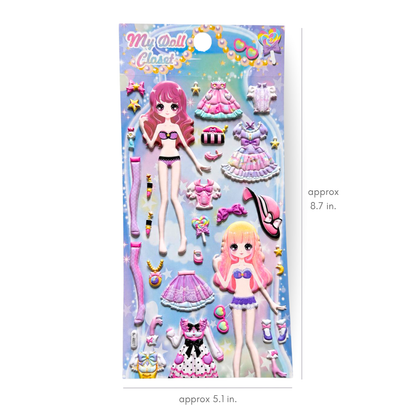 My Doll Class! sticker sheet featuring two cartoon dolls with pink and blonde hair, surrounded by colorful dresses, accessories, and stars on a light blue background. The image includes dimension labels indicating the sheet is approximately 8.