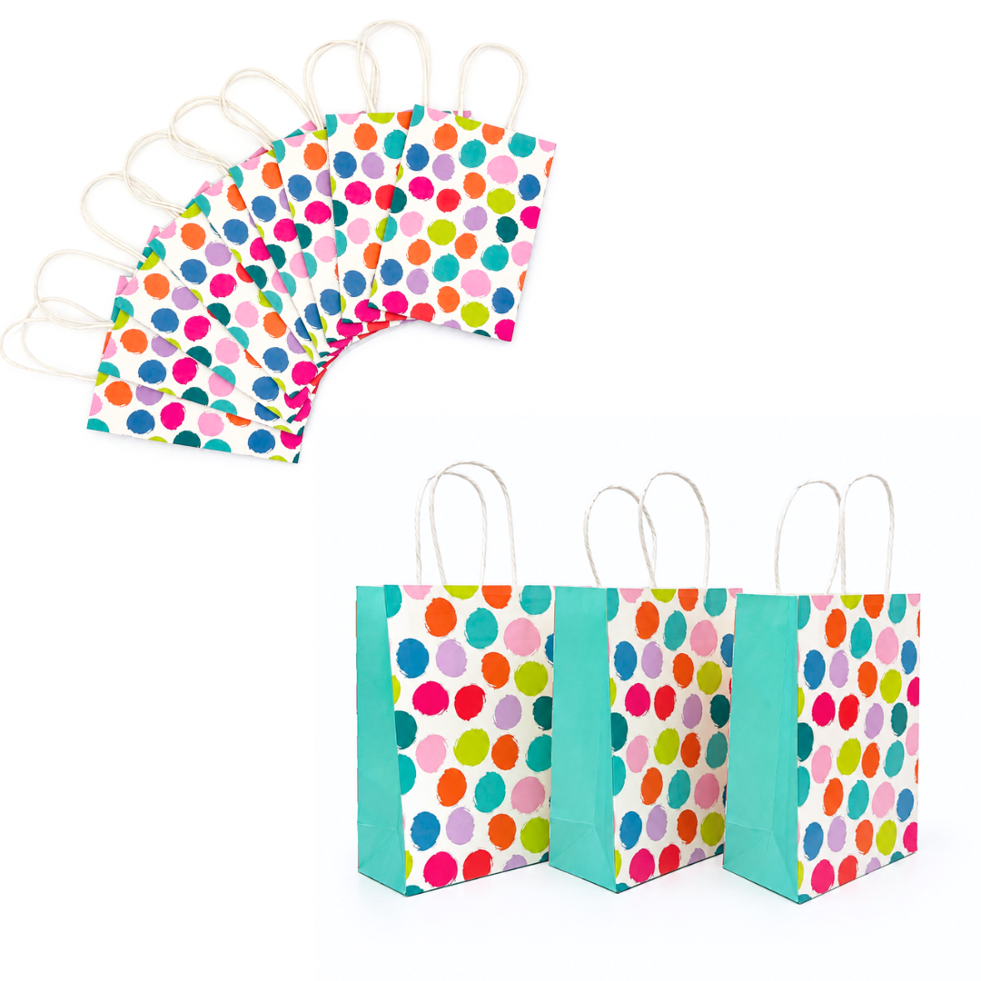 A set of paper gift bags with white twisted handles, featuring a colorful multicolor polka dot pattern on a white background with turquoise side panels.