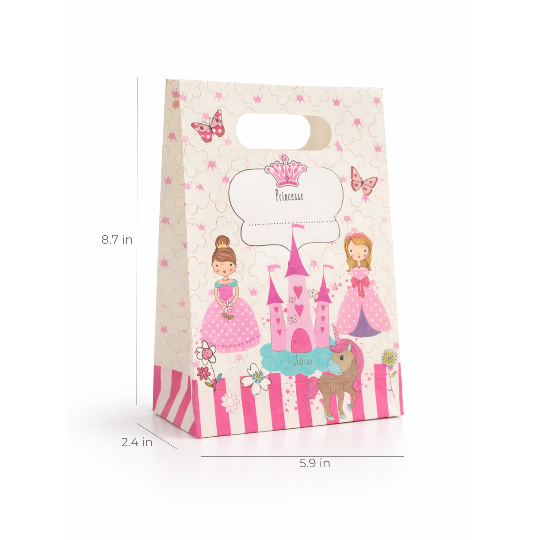 Gift bag with princess and castle design on a white background and mesurement