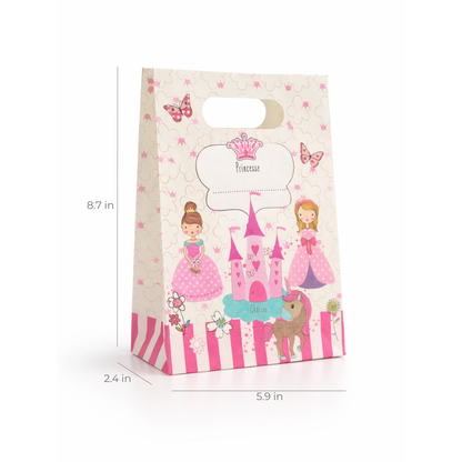 Gift bag with princess and castle design on a white background and mesurement