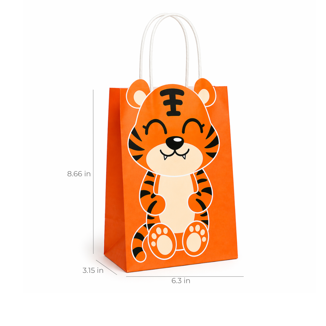 Orange gift bag with a tiger design and dimensions on a white background