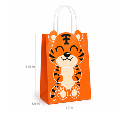 Orange gift bag with a tiger design and dimensions on a white background