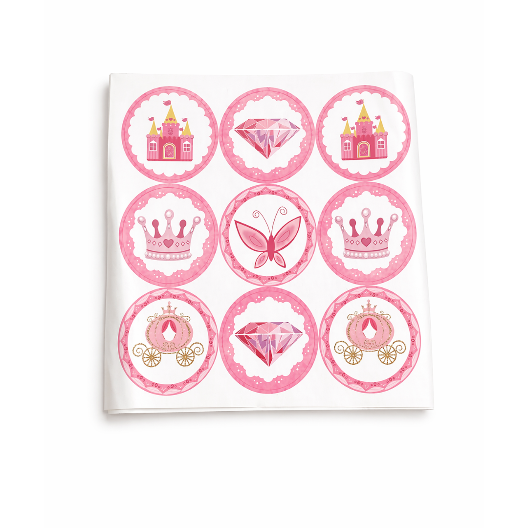 Set of pink princess-themed stickers on a white card