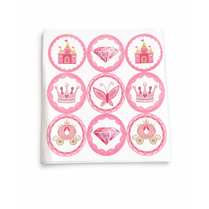 Set of pink princess-themed stickers on a white card