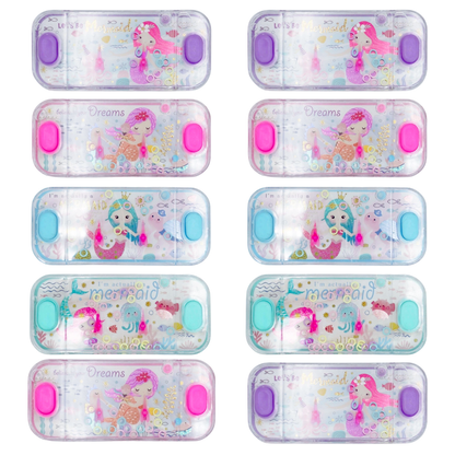 Set of 10 small containers with mermaid design on a white background