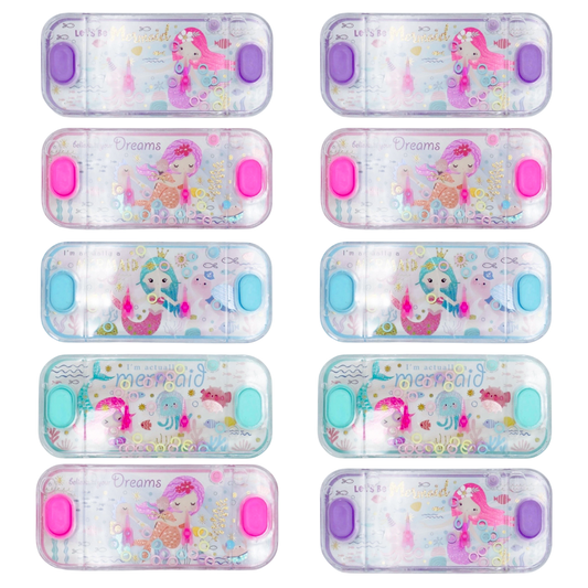 Set of 10 small containers with mermaid design on a white background