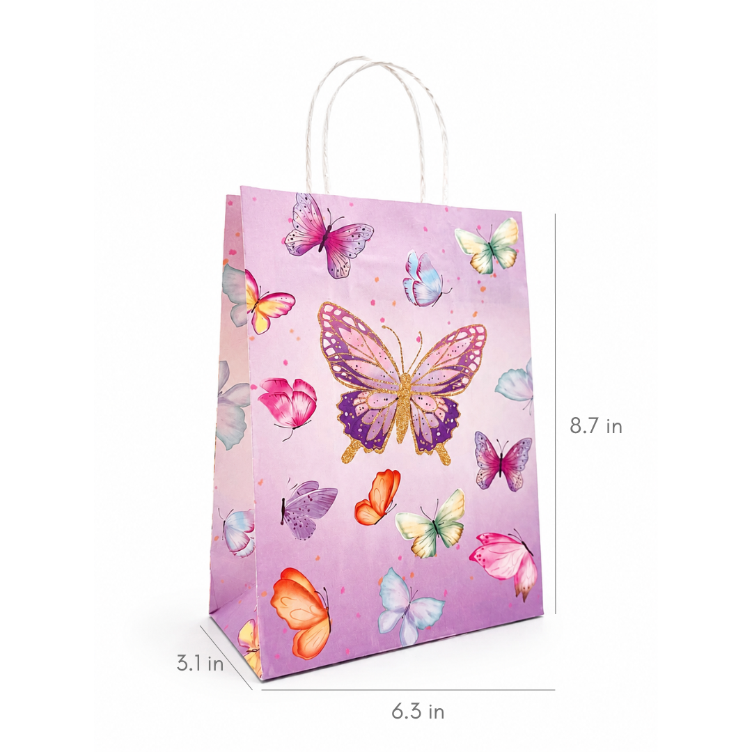 A pink paper gift bag with white twisted handles, decorated with colorful watercolor-style butterflies. Measurement lines and labels indicate dimensions of 8.