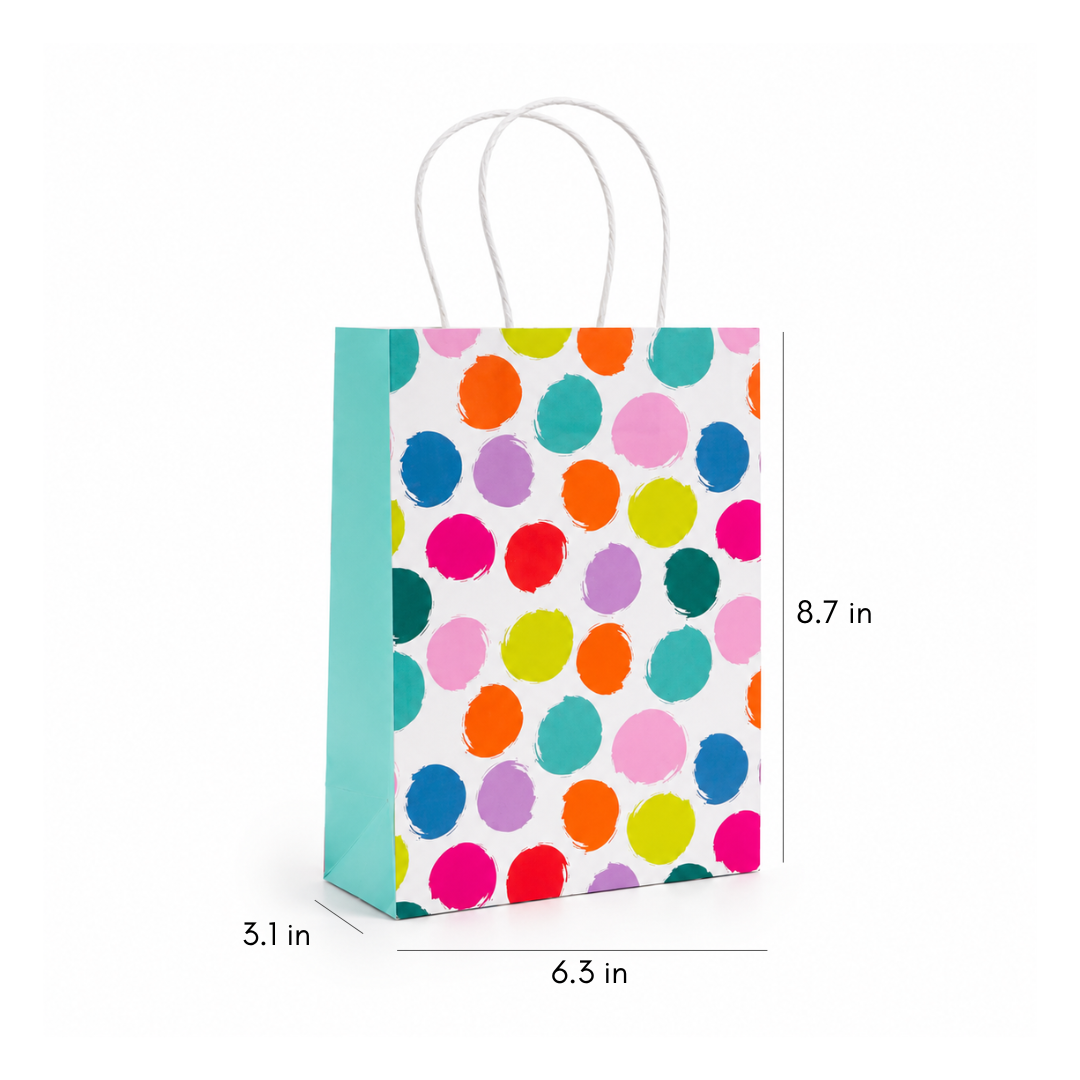 A small gift bag with a white background and colorful painted polka dots, shown with dimension labels indicating 3.1 in width, 6.