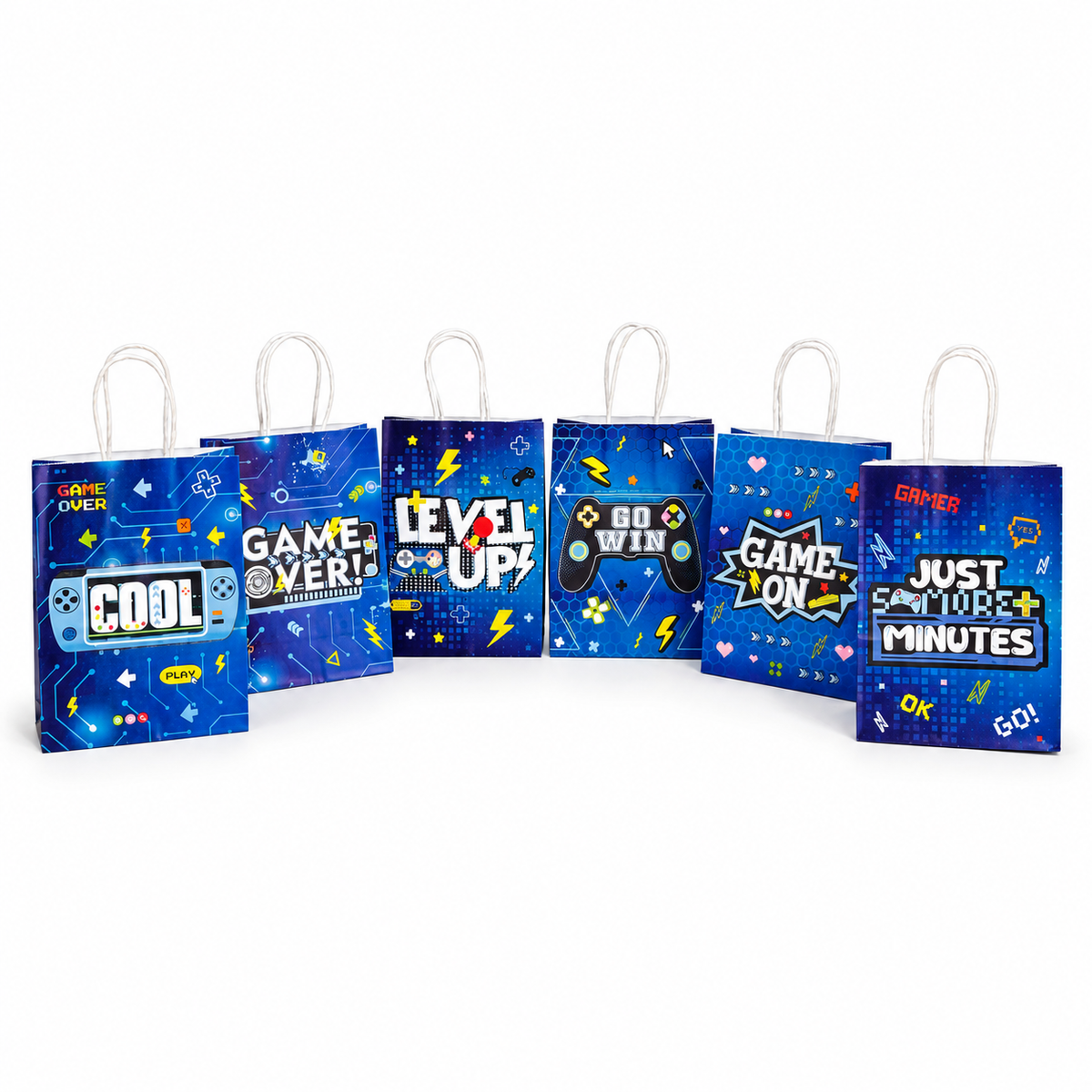 Set of 12 blue video game party favor bags with six assorted gamer designs